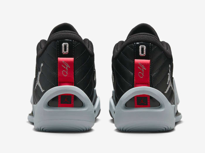 Rear view of Jayson Tatum's black and grey Jordan Brand shoes.